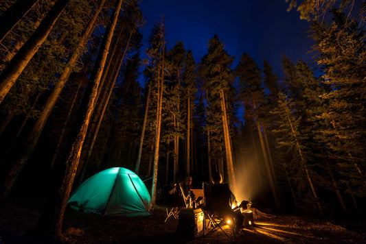 A green tent and a outdoorsmen setup by a fire in the middle of Grand Portage State Forest in Minnesota