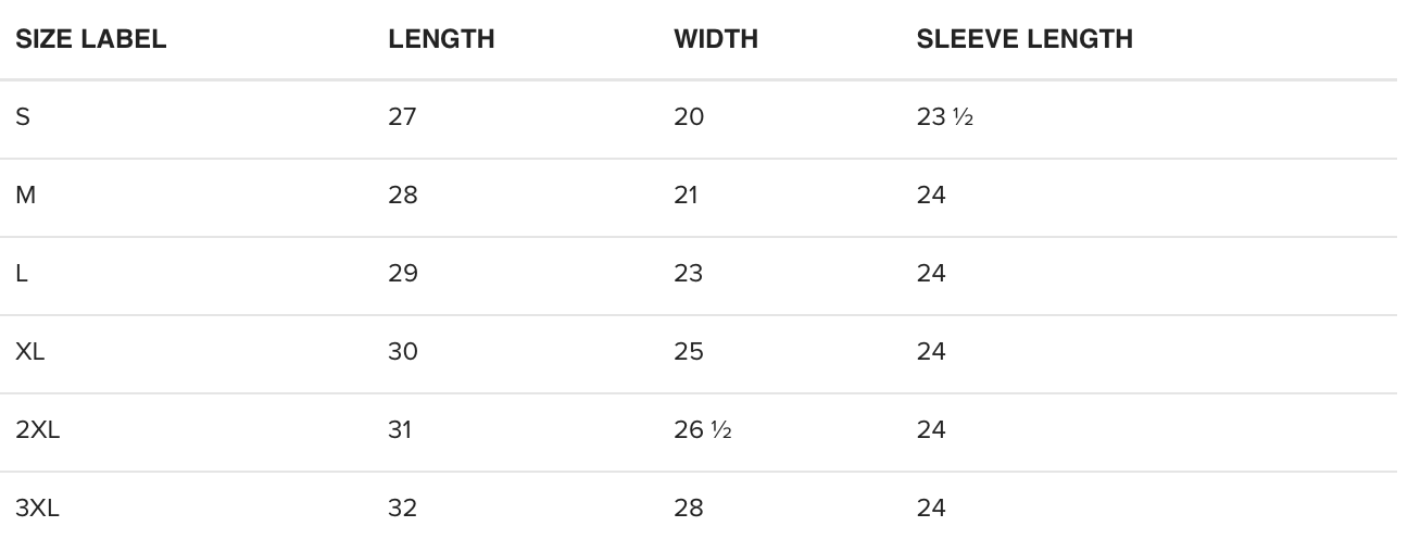 Crew Neck Sweatshirts Size Guide
