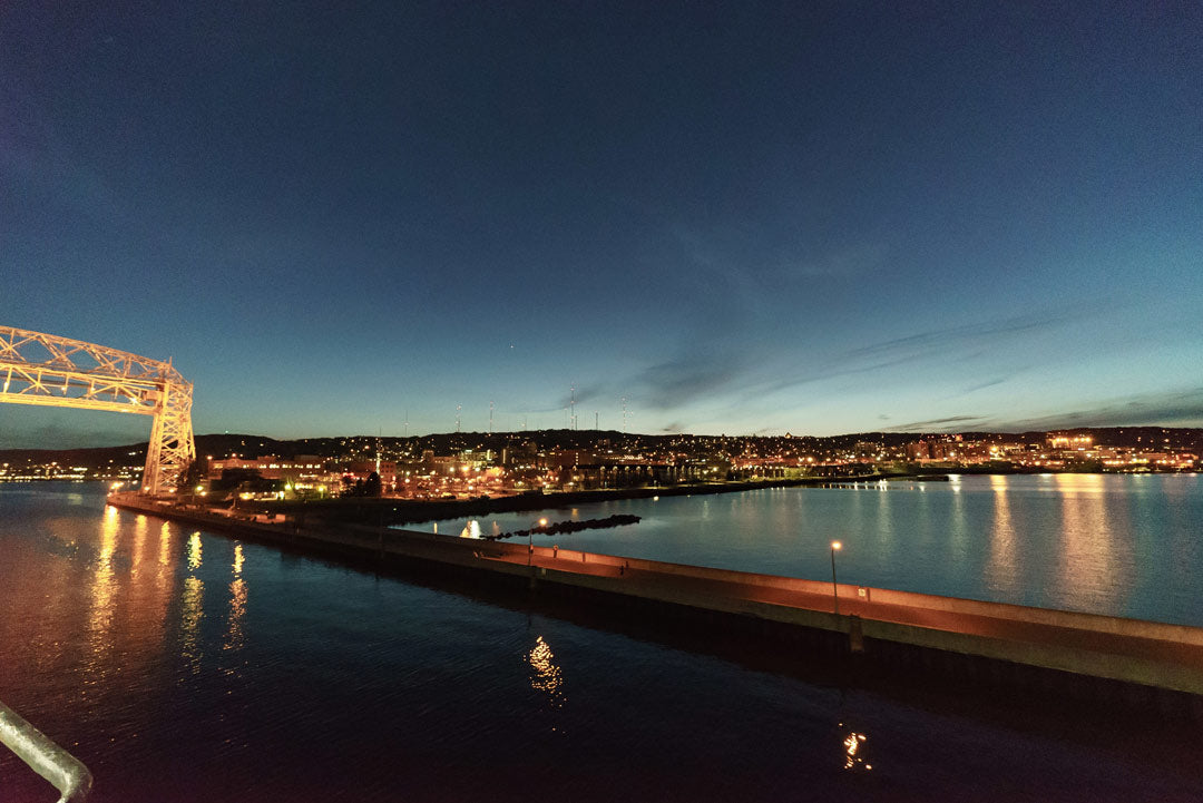 Panoramic view of canal park, aerial lift bridge and downtown Duluth, Minnesota