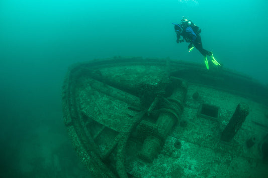 Diver exploring a shipwreck in Lake Superior