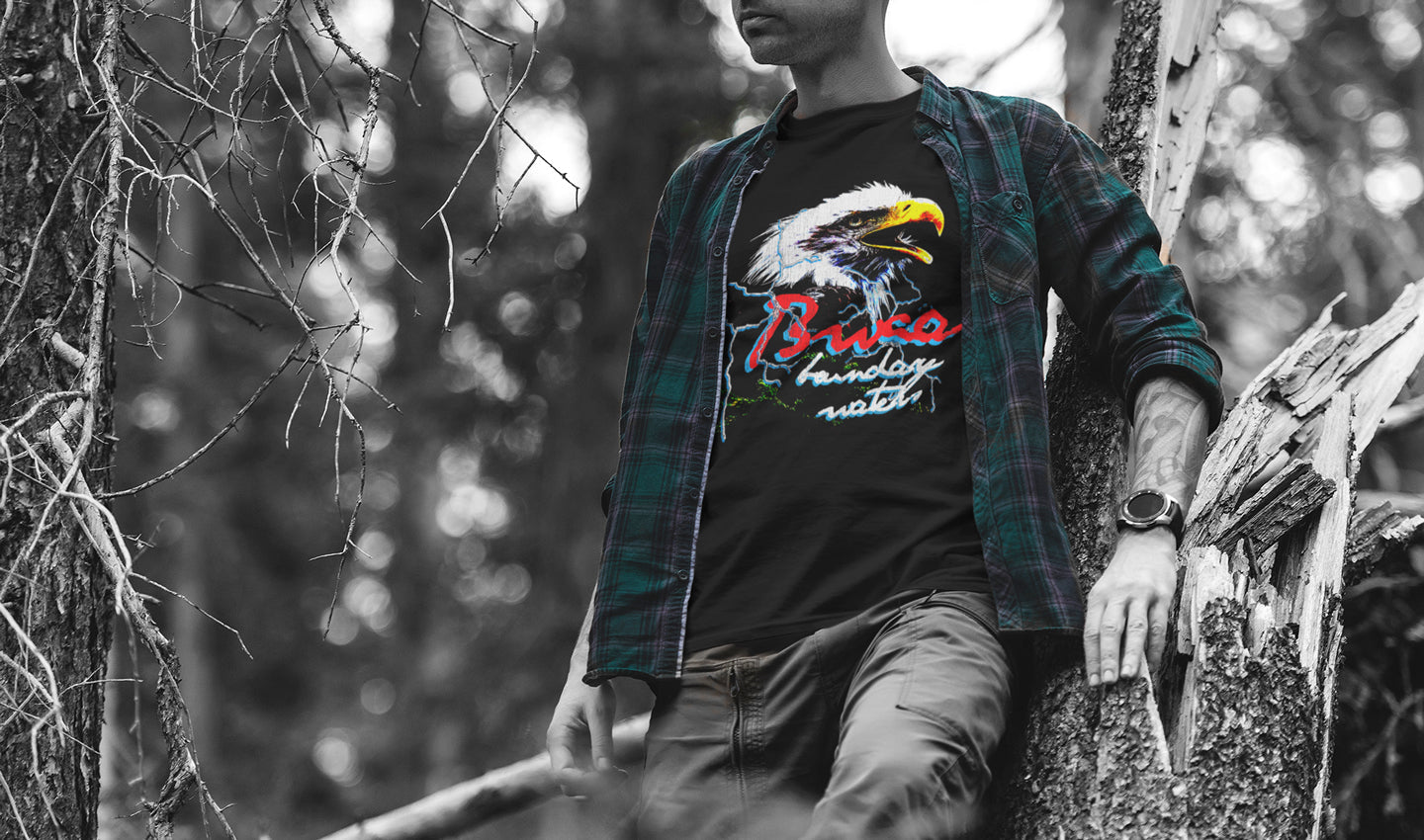 Man wearing a BWCA Eagle Graphic Tee in Superior National Forest